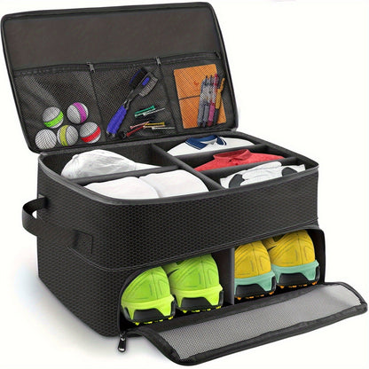 Golf Organizer Storage Box with Compartments and Mesh Pockets Durable Golf Accessory Case for Golf Balls Shoes Gloves Tees and Essentials