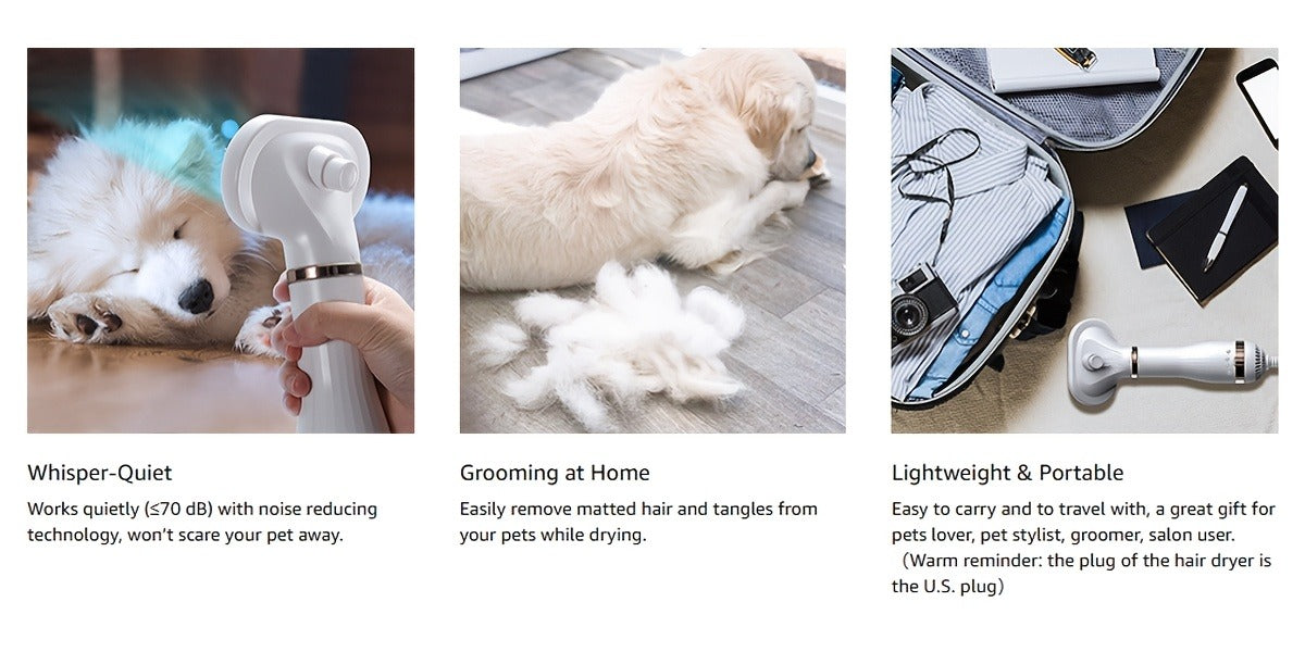 Pet Hair Dryer 2-in-1 with Self-Cleaning Slicker Brush – Portable Dog Blow Dryer for Dogs & Cats, 3 Temperature Settings, Low Noise, Fast Drying Grooming Tool for Home Use