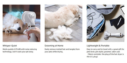 Pet Hair Dryer 2-in-1 with Self-Cleaning Slicker Brush – Portable Dog Blow Dryer for Dogs & Cats, 3 Temperature Settings, Low Noise, Fast Drying Grooming Tool for Home Use