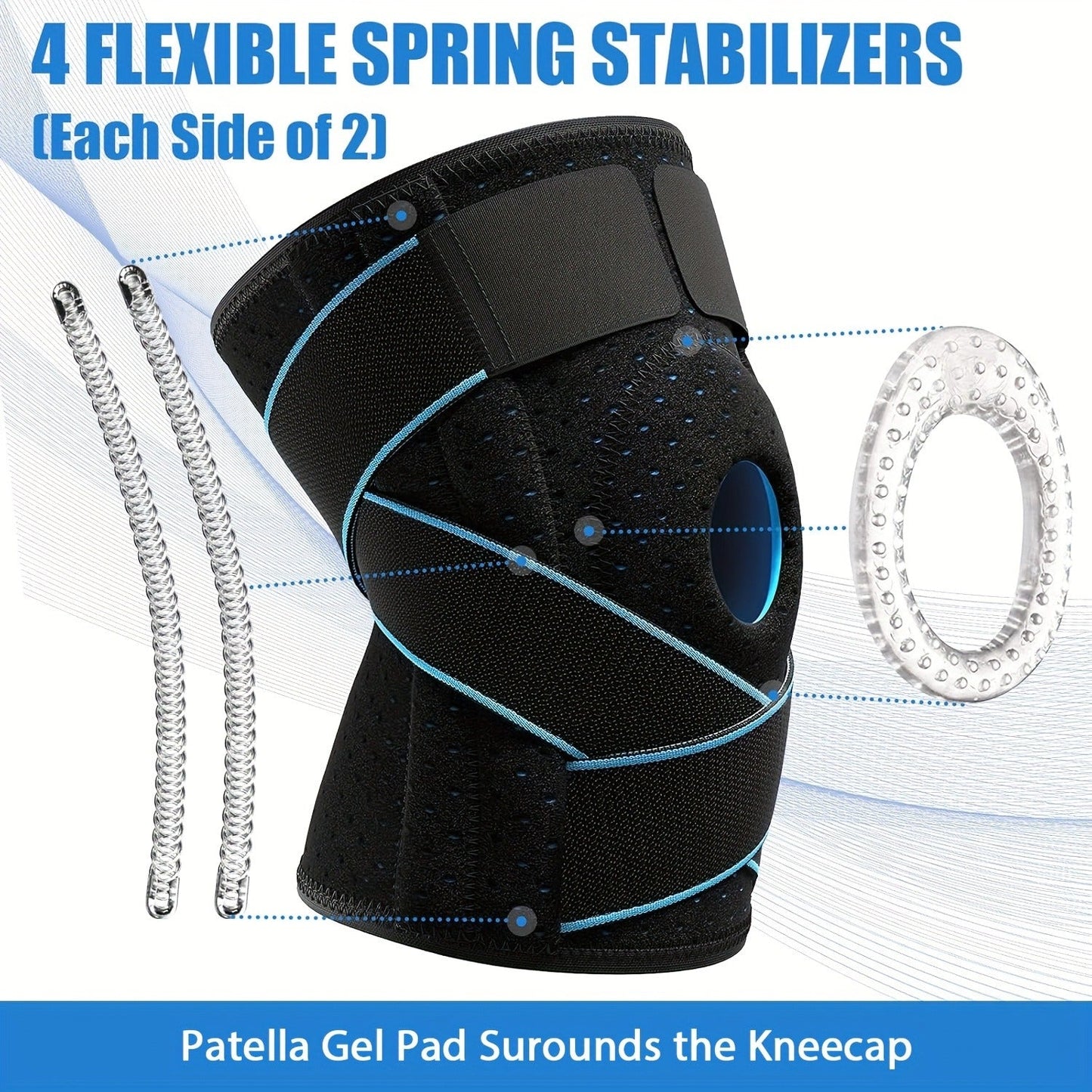 Knee Brace with Patella Gel Pad & Side Spring Stabilizers – Adjustable Compression Knee Support Wrap for Sports Running Workouts Camping, Breathable Knee Joint Stabilizer for Women Men, Blue & Black