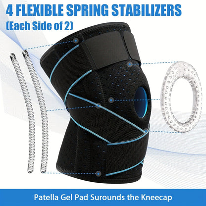Knee Brace with Patella Gel Pad & Side Spring Stabilizers – Adjustable Compression Knee Support Wrap for Sports Running Workouts Camping, Breathable Knee Joint Stabilizer for Women Men, Blue & Black