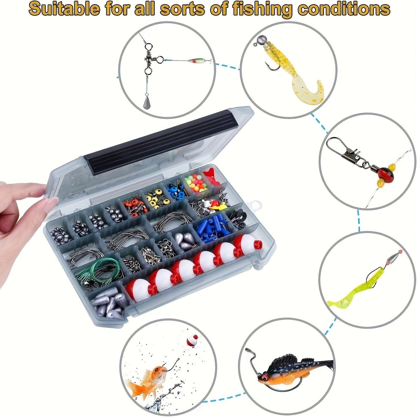 Fishing Accessories Kit 228 Piece Complete Fishing Set with Tackle Box Hooks Sinkers Swivels Lures Essential Gear for Freshwater Saltwater Anglers Gift for Men