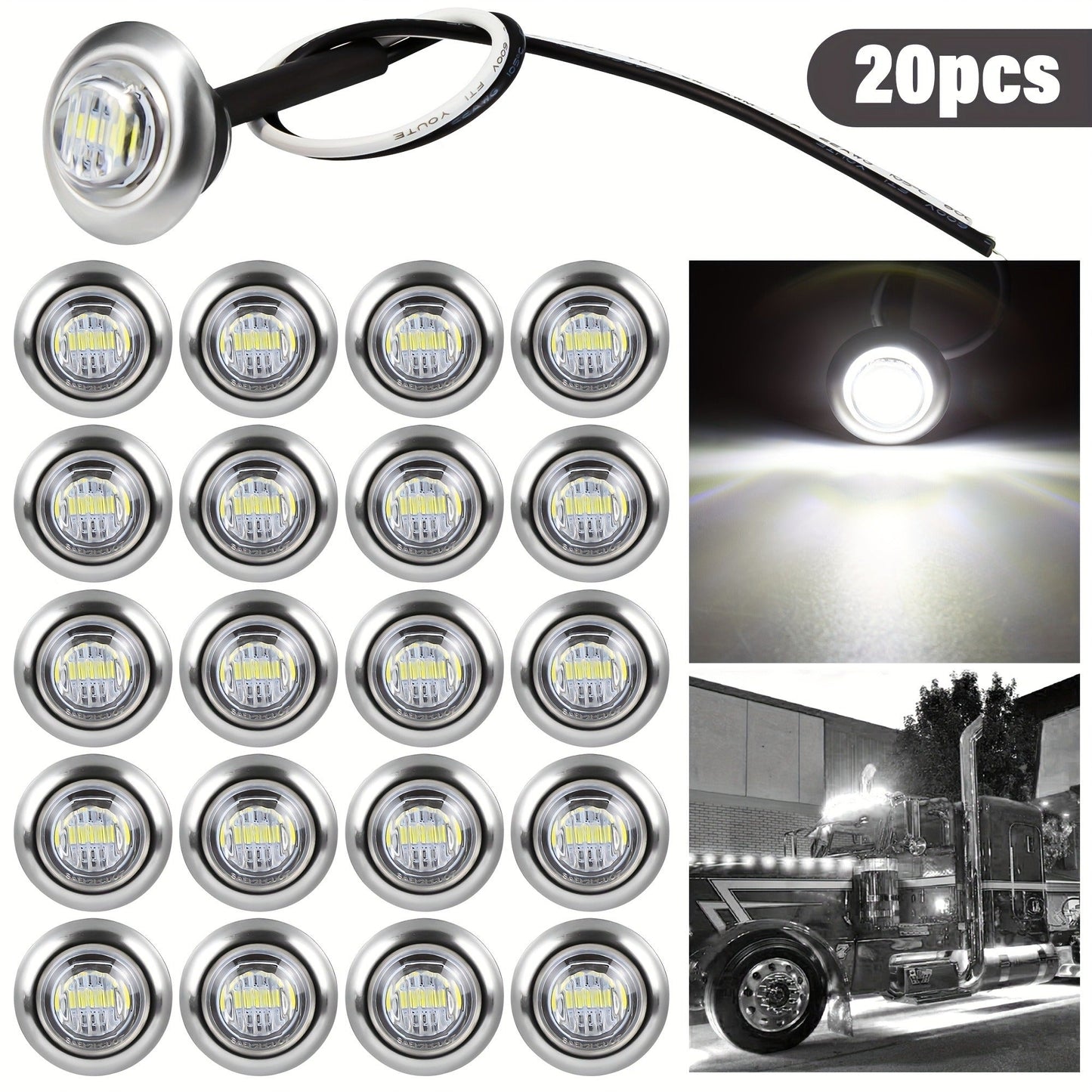 Marine Boat Lights 20 Pack, DC 12V Submersible LED Side Marker Lights for Boat Transom Stern Tail Yacht, Round Courtesy Navigation Lights, Waterproof 3-LED 1.2W, Red Blue Green White Amber Purple
