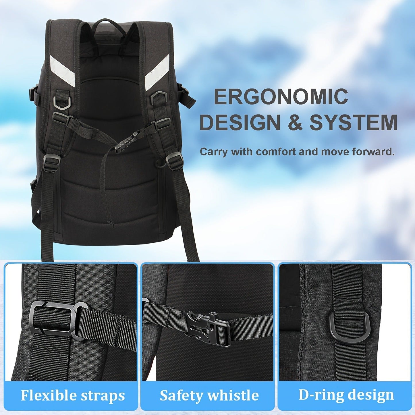 Ski Boot Bag Snowboard Backpack 40-50L Large Capacity Snow Gear Bag for Skiing Helmet Goggles Gloves Snowboard Accessories Winter Sports Equipment Bag Black