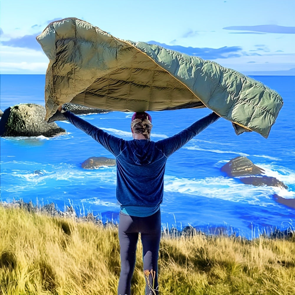 Puffy Camping Blanket Foldable Lightweight Water Resistant with 3D Eye Mask - DWR Coated Outdoor Blanket for Camping, Hiking, Travel, Beach, Stadium & Car, Warm Packable Throw in 4 Colors, 55" x 78"