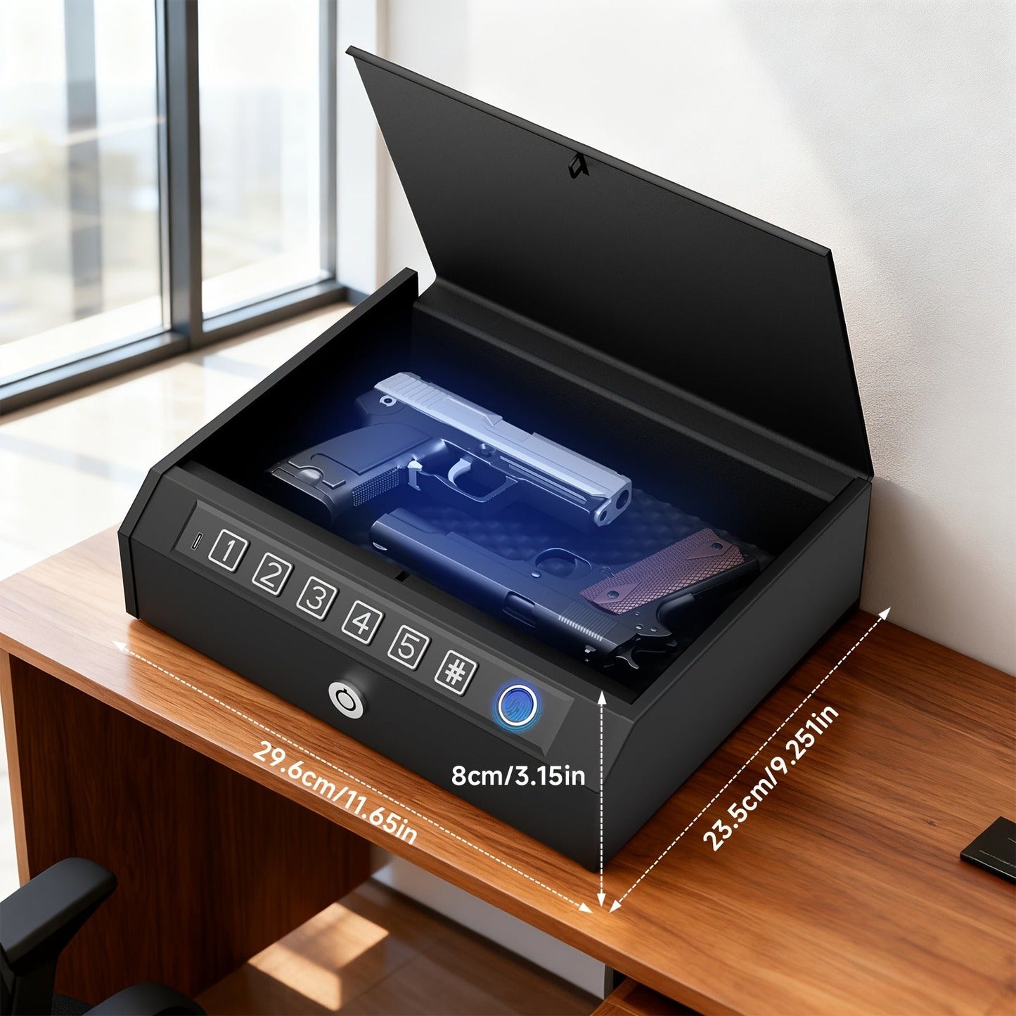 Biometric Gun Safe Fingerprint Digital PIN & Key Unlock 3-Way Access Internal Light Silent Mode Emergency Power Supply Gun Lock Box for Home Bedroom Nightstand Car