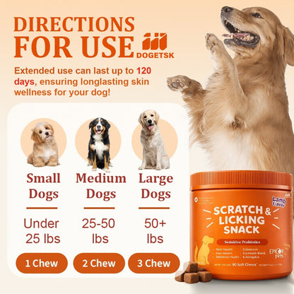 Dog Omega 3 Skin & Coat Chews 90ct – Lamb Flavor Soft Pellets with Probiotics for Itching, Scratching & Licking Relief, Fur Care Supplement for Dogs of All Ages & Breeds