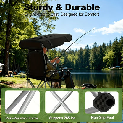 Portable Folding Camping Chair with Canopy Sun Shade 600D Oxford Fabric Outdoor Chair for Camping Beach Picnic Fishing Sports Lightweight Foldable Seat