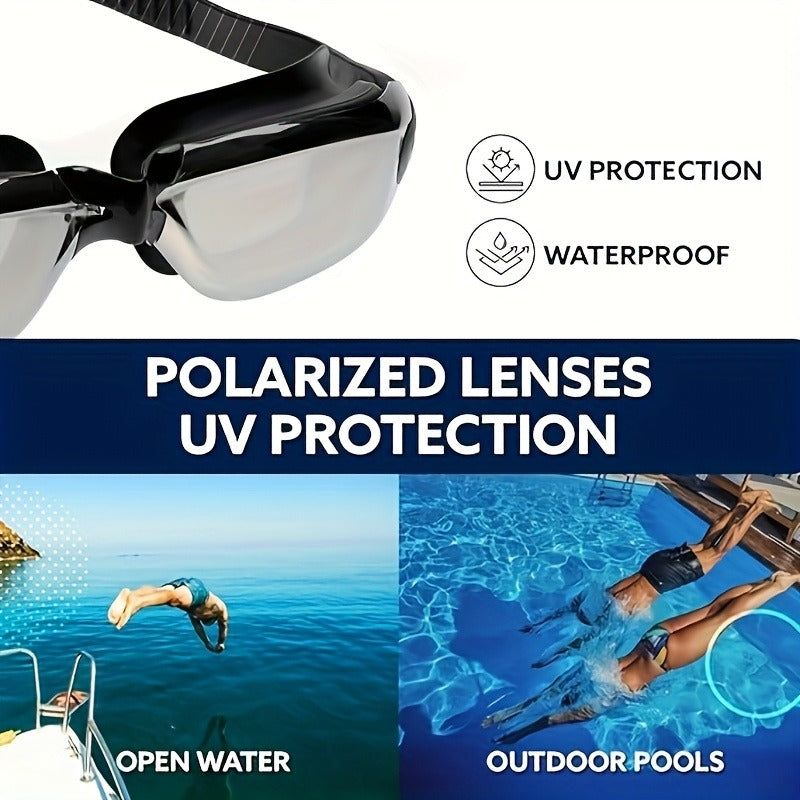 Anti-Fog Racing Swim Goggles Set 6-in-1 - HD UV Protection Silver Coated PC Lens, Waterproof PU Swim Cap, Nose Clip, Earplugs, Goggle Case & Storage Bag for Adult Men Women Pool Training Competition