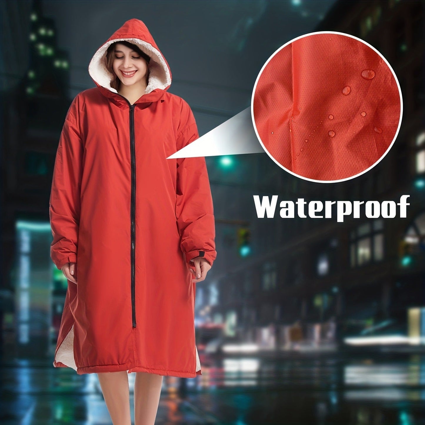 Changing Robe Fleece Lined Hooded – Long Sleeve Windproof Warm Surf Poncho for Swimming, Surfing, Diving, Camping & Hiking – 43.3x31.5in, 4 Colors: Navy, Black, Red, Blue
