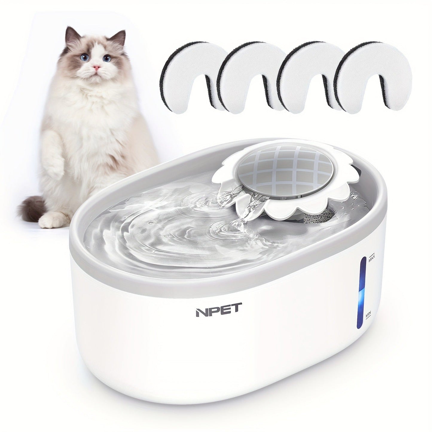 Automatic Pet Water Fountain 2L / 67oz - Ultra-Quiet Pump, Visible Water Level Window, Cat & Dog Water Dispenser, Safe BPA-Free Design, Filter Included, No Battery Required, PETNC010GW