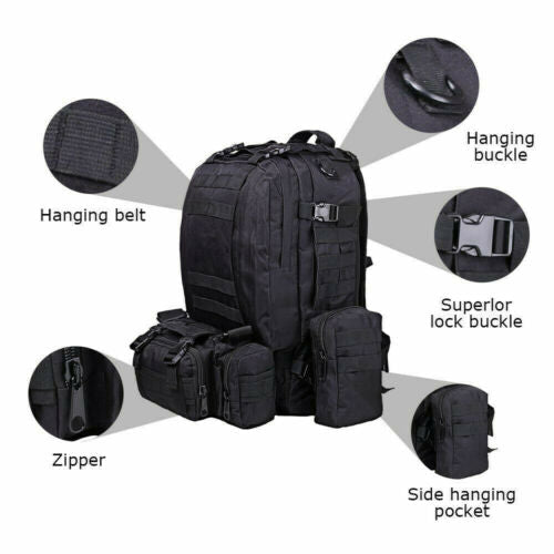Tactical Backpack 60L MOLLE Military Bag with 3 Detachable Pouches