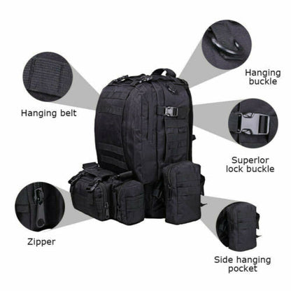 Tactical Backpack 60L MOLLE Military Bag with 3 Detachable Pouches