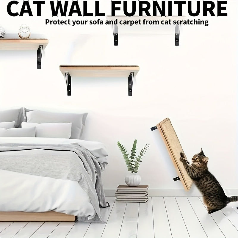 Sisal Mat Wall-Mounted Cat Climbing Frame with Hammock Wooden Perch Observation Platform Scratch Pad Indoor Cat Wall Furniture Resting Area