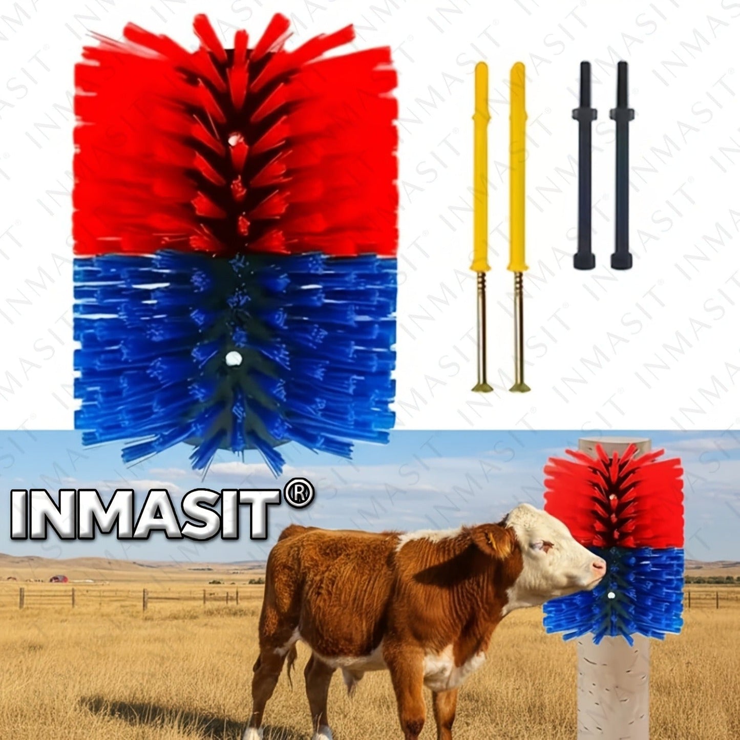 Livestock Grooming Brush Scratcher 8.7" – All-in-One Massage & Itch Relief Tool for Horse, Cow, Goat & Pig | Easy Install with 4 Screws, Battery-Free Stress Reduction, Red/Blue & Yellow/Blue