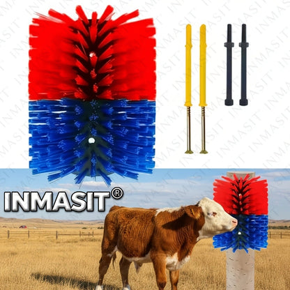 Livestock Grooming Brush Scratcher 8.7" – All-in-One Massage & Itch Relief Tool for Horse, Cow, Goat & Pig | Easy Install with 4 Screws, Battery-Free Stress Reduction, Red/Blue & Yellow/Blue