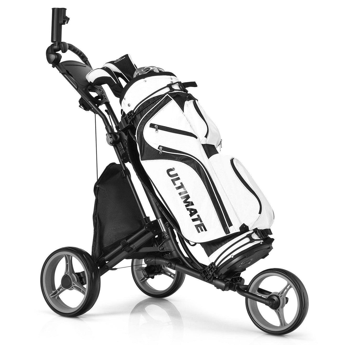 3-Wheel Folding Golf Push Cart Lightweight Aluminum Golf Trolley with Cup Holder Umbrella Holder Scoreboard Storage Bag Foot Brake Adjustable Handle for Golf Clubs
