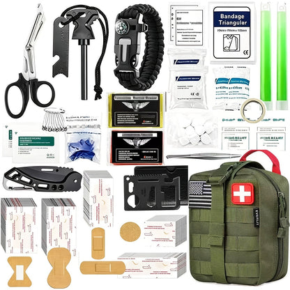 217 Piece Survival Kit with First Aid Kit & Molle Storage Bag - Emergency Gear Set for Camping, Hiking, Outdoor Adventure, Home & Office, Perfect Gift for Men, Dad, Husband, Son - Orange Green Khaki Black Red Camouflage