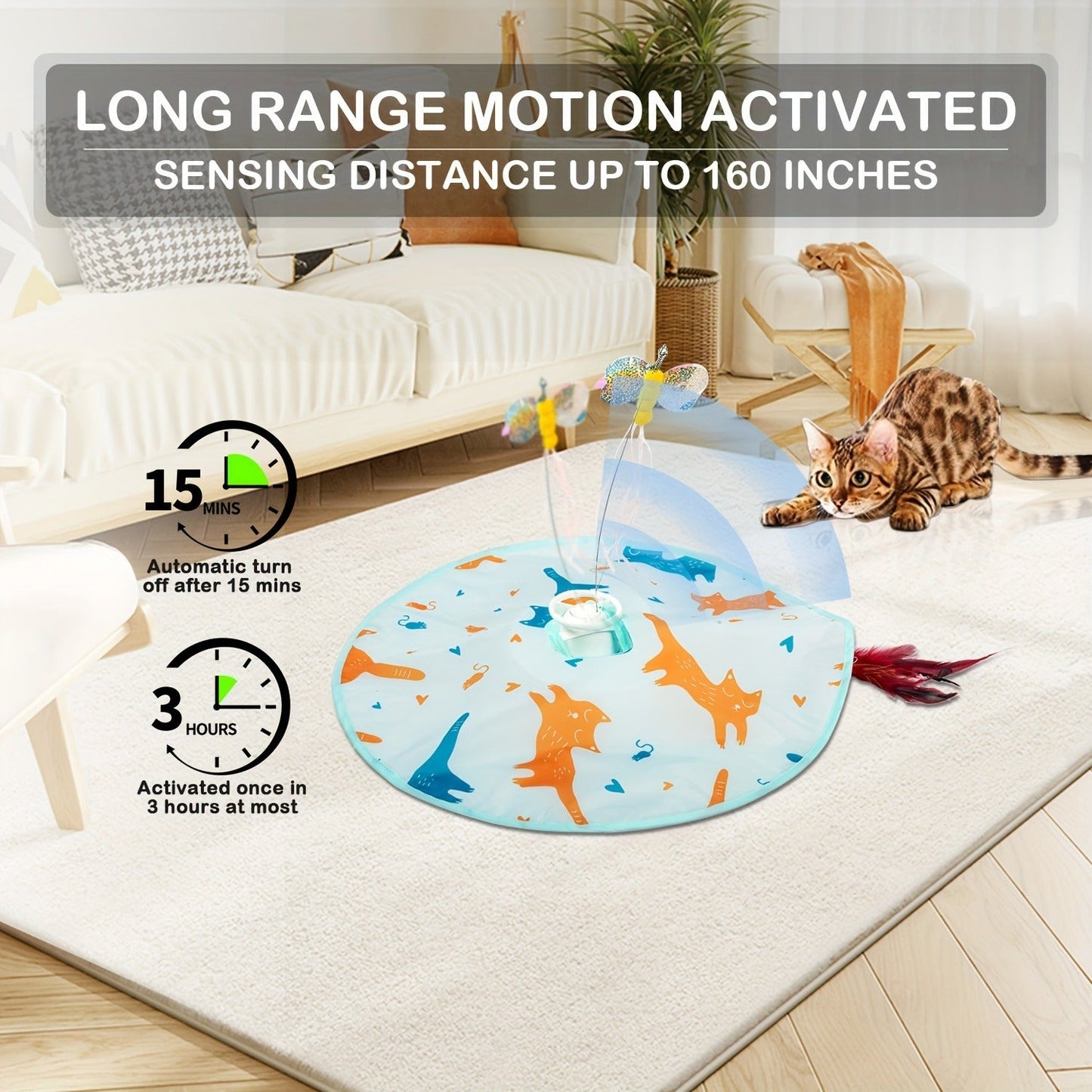 Interactive Cat Toy Electric Motion Activated 2-in-1 Rotating Butterfly & Feather Wand - USB Rechargeable 1200mAh Auto Shut-Off 3 Speed Modes Indoor Cat Exercise Toy by Valonii