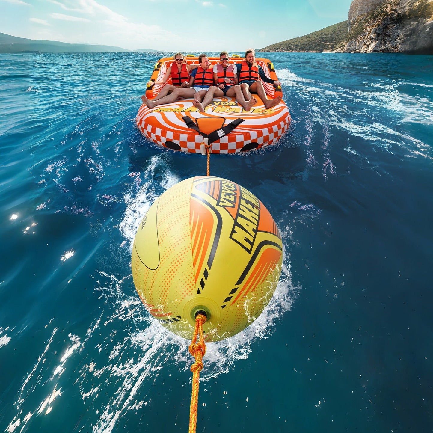 Inflatable Booster Ball for Towable Tubes 680lbs Tensile Strength 0.75mm Thickened PVC with PE Tow Rope for Boating Water Sports Sea Lake River