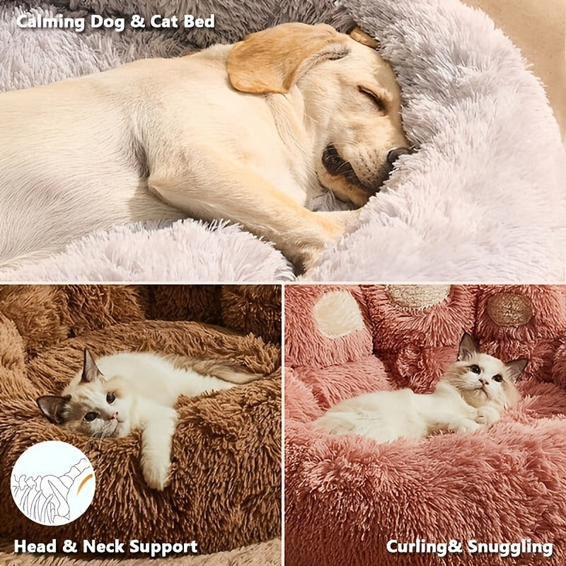 Dog Bed Cat Bed Bear Paw Round Plush Non-Slip – Soft Warm Cuddler Pet Mattress for Puppy, Small, Medium & Large Dogs and Cats, Sizes 20–36 Inch, Colors: Coffee, Pink, Gray