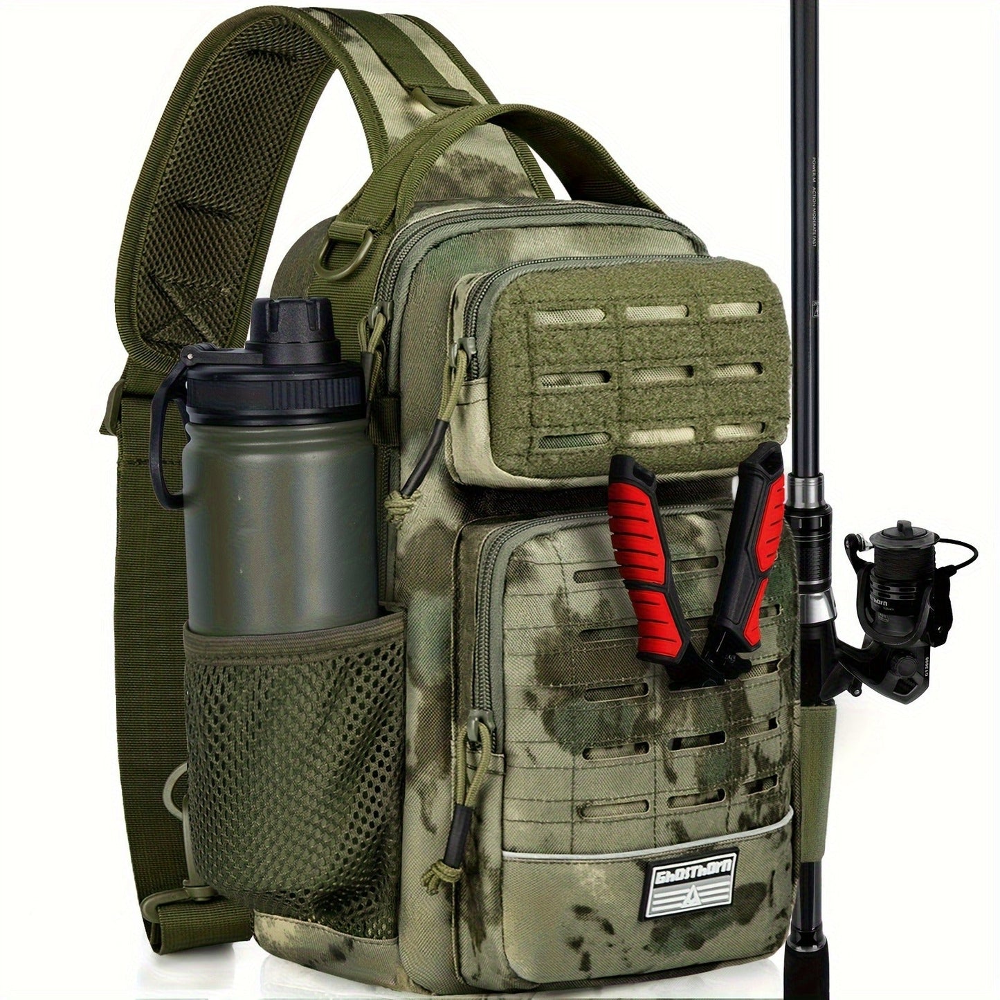 Camouflage Fishing Shoulder Bag with Zipper – Tactical Outdoor Gear Bag for Fishing Tackle, Hunting & Camping, Multi-Pocket Crossbody Bag, Available in Green Camo, Black Camo, Black & Khaki, Gift Box Option