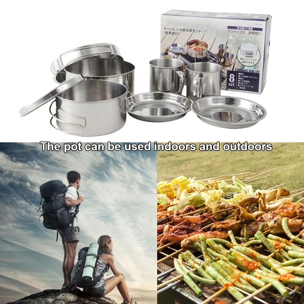 Camping Tableware Set 8 Piece Stainless Steel – Portable Outdoor Dining Set with Foldable Handle Plates, Cups & Utensils | Lightweight Camping Cookware for 2-3 People, Picnic, BBQ & Hiking