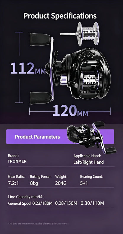 Baitcasting Reel 7.2:1 High-Speed Gear Ratio, 5+1 Ball Bearings 17.64LB Max Drag, Lightweight Freshwater Saltwater Bass Fishing Reel, Left & Right Hand Retrieve, Black Purple