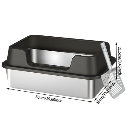 Stainless Steel Cat Litter Box with Scoop - High-Wall Semi-Enclosed Design, Non-Stick Easy Clean Surface, Anti-Leakage Odor Control, 2 Sizes for Kittens & Multiple Cats, Modern Metal Pet Toilet