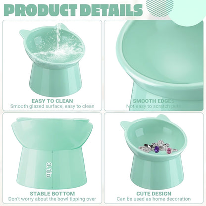 Cat Ear Shaped Raised Cat Bowls Set of 3 - Elevated Feeder Anti-Slip Base Neck Comfort Design, Pink Green Blue Feeding Dish for Cats & Small Pets