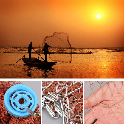 Saltwater Casting Net Set with Fish Basket – 12-Foot Diameter, 0.12" Mesh, Heavy-Duty Zinc-Plated Lead Sinkers for Rapid Sinking – American-Style Fishing Net Ideal for Pier, Beach & Surf Fishing