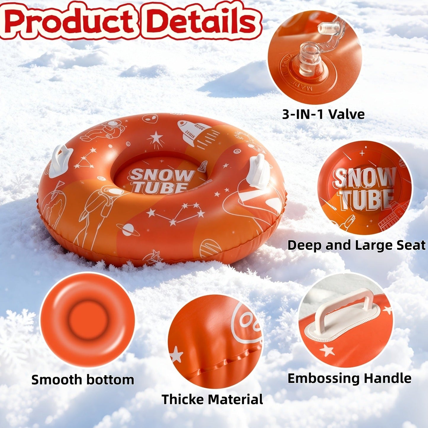Snow Sled Tubes 3-Pack Foldable Inflatable – Triple-Layer PVC Snow Tubes 36 & 40 Inch, 220 lbs Capacity, 3-Layer Airlock Valve, Non-Slip Thickened Base & Embossed Handles for Ski Resort & Outdoor Winter Fun