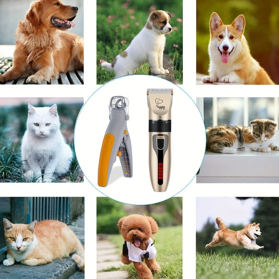 Pet Hair Trimmer Kit 2-in-1 with LED Nail Clipper – 12-in-1 Cordless Quiet Electric Clippers for Dogs & Cats, USB Rechargeable, 5 Guide Combs, Ergonomic Non-Slip Handle, Home & Salon Use