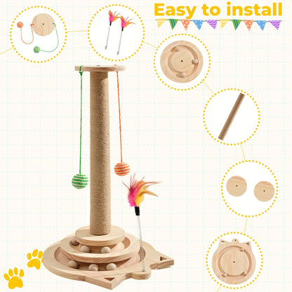 Multi-Level Sisal Cat Scratching Post 4-in-1 with 6 Wooden Balls 2 Hanging Balls & 2 Feather Teaser Toys - Premium Thickened Sisal Anti-Slip Base for Indoor Cats M L XL + Replacement Pillars