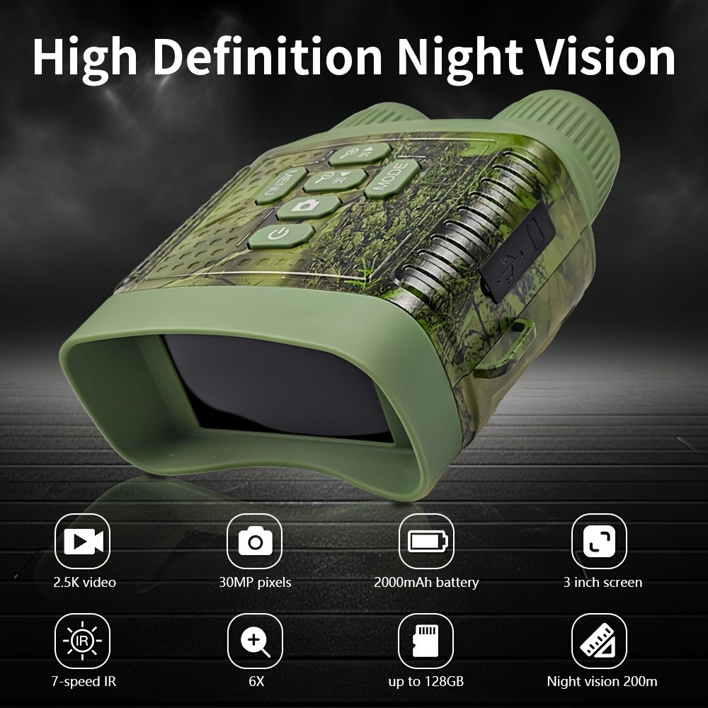 2.5K Night Vision Binoculars – Camo Infrared Goggles with 6X Zoom, 3" HD Screen, 7-Speed IR, 2000mAh Battery & Video Recording for Hunting Wildlife Security