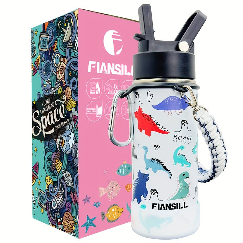 Kids Insulated Water Bottle 16oz with 3D Print Design - Stainless Steel Vacuum Flask, Leak-Proof BPA-Free, One-Hand Lid, Woven Strap & Carabiner, Perfect Student Gift for Boys & Girls, 8 Fun Styles