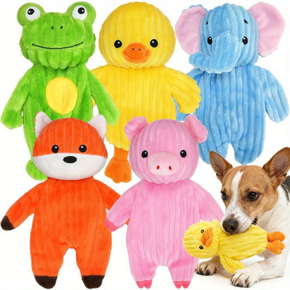 Squeaky Plush Dog Toys Pack of 5 - Stuffed Animal Dog Toy Bundle with Embroidered Safety Eyes, Washable Soft Chew Toys for Small Medium Large Dogs, Cute Puppy Gift Set - Pig Frog Elephant Chicken Fox