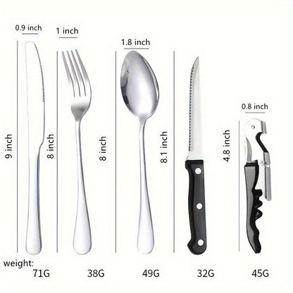 Camping Mess Kit 24pcs Stainless Steel Cutlery Set for 4 – Plates, Spoons, Forks, Serrated Knives & Cloth Napkins – Portable Dinnerware for Backpacking, Hiking & Picnic
