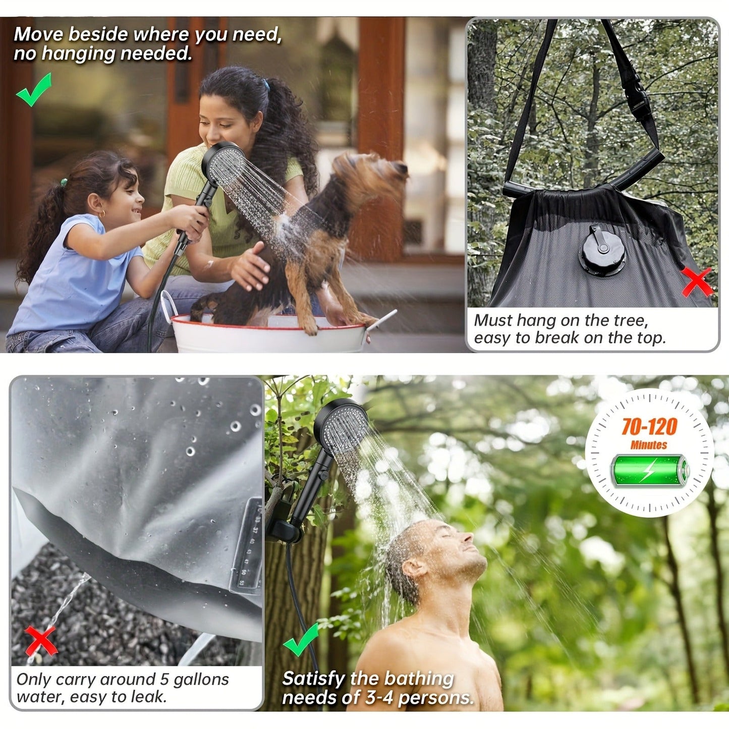 Camping Shower Portable with Smart Digital Temperature Display, 6000mAh USB Rechargeable Battery, 6 Spray Modes for Outdoor Hiking Pet Washing Car Beach