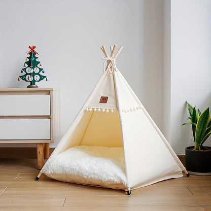 Pet Teepee Bed with Cushion – Linen Fabric Cat & Dog Tent, Dome-Shaped All-Season Indoor Outdoor House, Padded & Sturdy Frame for Small to Medium Pets, Easy Clean (Small or Large, White or Creamy-White)