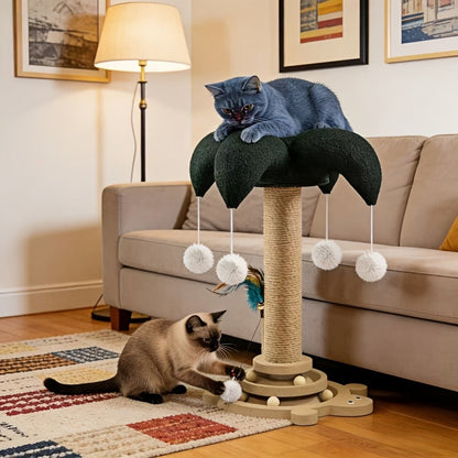 Cat Scratching Post Sisal Vertical Clown Hat Design, Wear-Resistant Cat Scratch Board with Cat Climbing Frame & Teaser Toy, Fun Shaped Cat Scratcher for Indoor Cats, Millet & Turtle Shape, Green