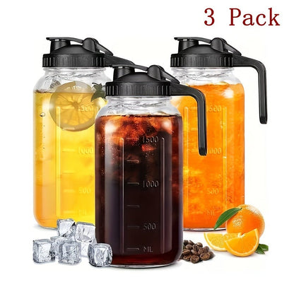 64oz Glass Pitcher with Handle – Leak-Proof Wide Mouth Mason Jar Water Jug, Pour Spout Lid, 2 Quart Portable Canteen for Camping, BBQ, Fridge & Outdoor Entertaining (2-Pack / 3-Pack)