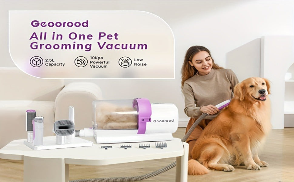 Dog Grooming Vacuum Kit 4-in-1 – Pet Hair Vacuum with Electric Clipper, Grooming Brush & Deshedding Tools, 2.5L Large Dust Cup, 10kPa Suction, Low Noise, 4 Comb Sizes (Model G2-W2)