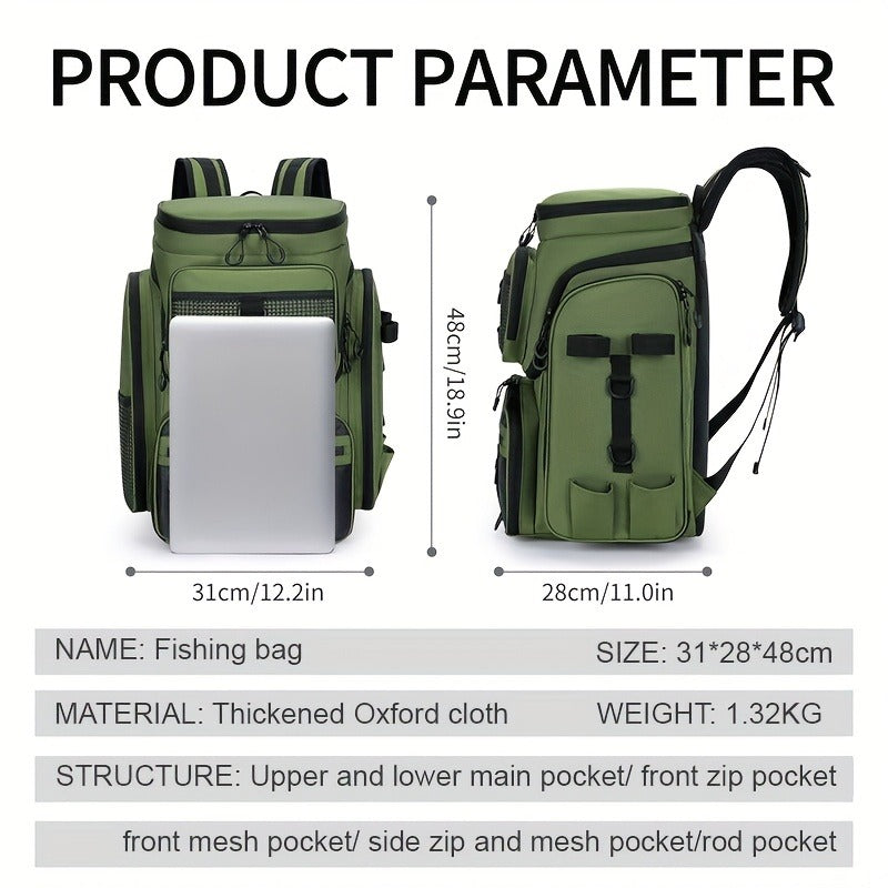 Fishing Backpack with Rod Holder 45L – Large Capacity Outdoor Tackle Bag, Waterproof Travel Shoulder Pack for Fishing Camping Hiking, Multi-Pocket Lure Storage Rucksack with Zipper Closure