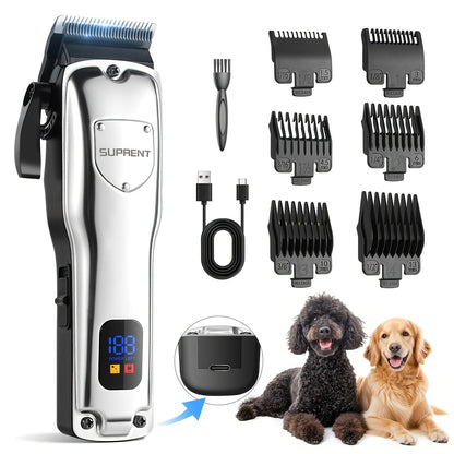 Dog Grooming Clippers Professional Kit - Low Noise Rechargeable Pet Hair Trimmer with Ceramic Blade, 8 Guards, Scissors & Comb for Dogs, Cats & Thick Coats