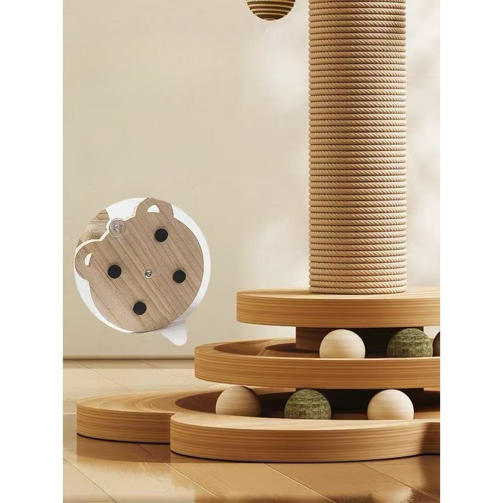 Sisal Cat Scratching Post with Hanging Ball & Turntable Interactive Toy 18.1 Inch - Sturdy Non-Slip Base Suction Cup Bottom for Kittens & Adult Cats, Furniture Protector Scratcher