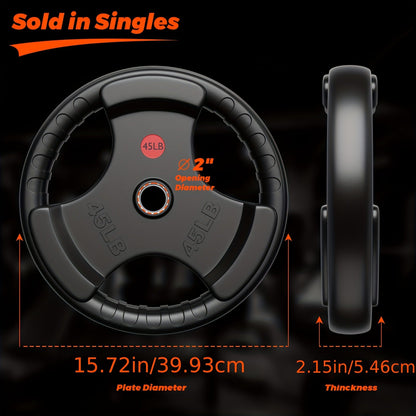 Rubber Bumper Weight Plates 2 Inch – Solid Iron Core, Ergonomic Grip, 25/35/45 lbs – Barbell Plates for Strength Training, Weightlifting & Home Gym