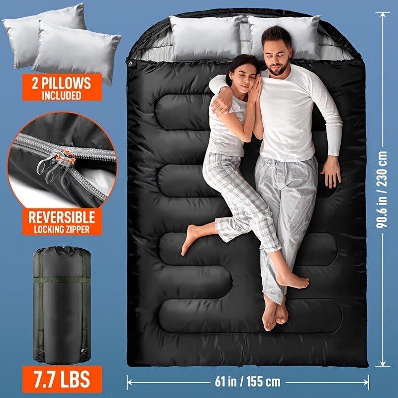 Double Sleeping Bag XL with Pillow for Two Adults – 2-Person Couple Sleeping Bag for Year-Round Camping, Hiking & Backpacking in Cold & Warm Weather, 90.6x61 Inch
