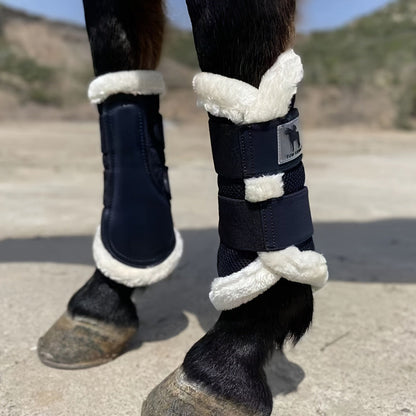 Horse Leg Wraps 1 Pair Breathable Mesh Faux Leather Protection Boots for Training Jumping, Quick-Fit Impact Absorbing Horse Leg Guards, Sizes S M L XL, Navy Blue Equine Leg Protection