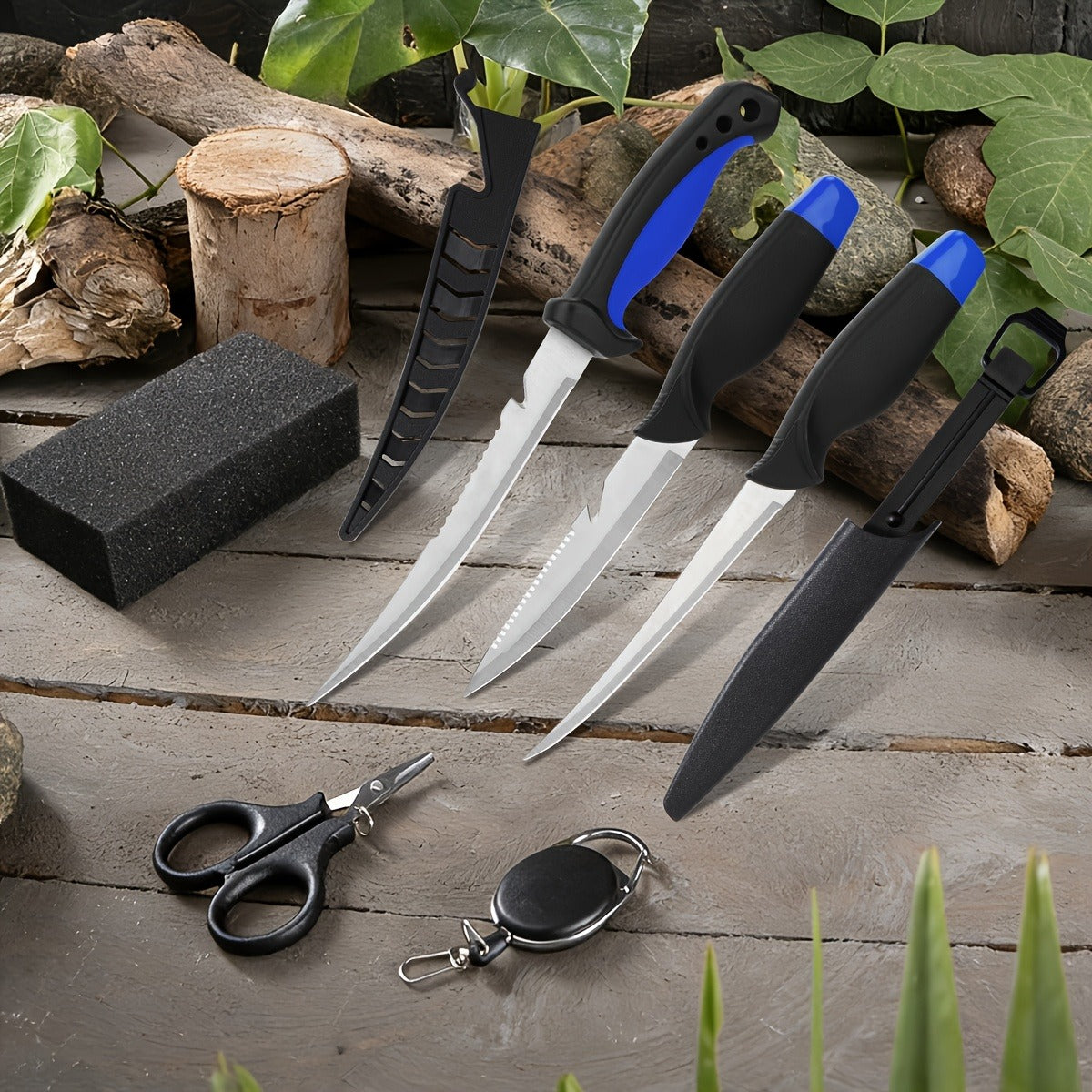 Fishing Knife Set 3-Piece Stainless Steel Fillet Boning Knife with Cut Resistant Gloves Fishing Line Cutter Stretch Rope for Fishing Camping Carving
